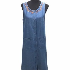 Lemon Grass Leaves Embroidered Jean Dress, Blue, 8